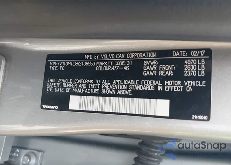 2017 Volvo S60 T5 Dynamic z USA, uszkodzony, nr VIN YV140MTL8H2438953